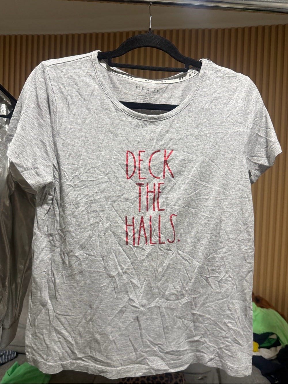 Rae Dunn Light Gray Short Sleeve Tee with Red 'Deck The Halls' Text